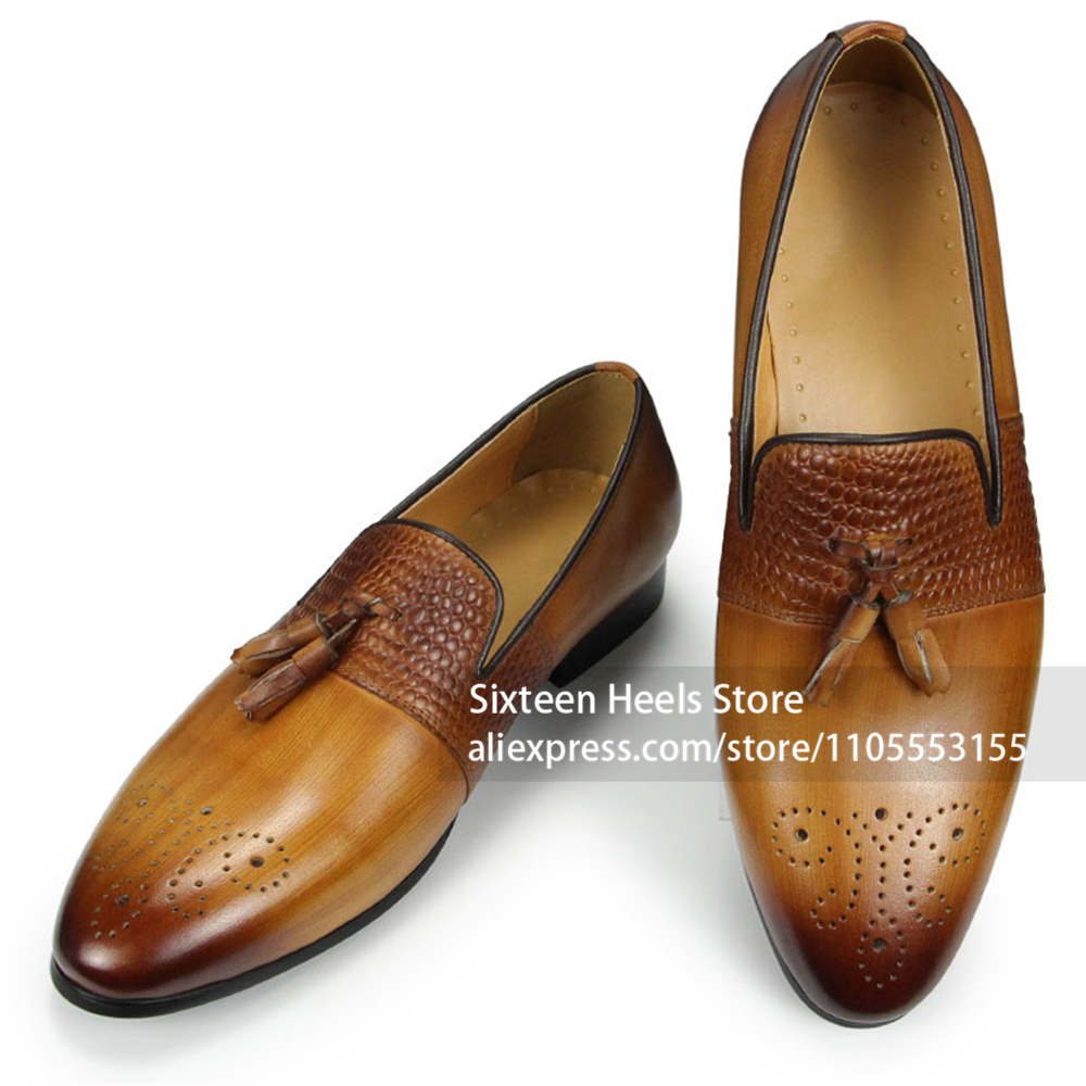 Men'S Shoes Brogues - Burnished Tassel Brogue Loafers Croc Embossed